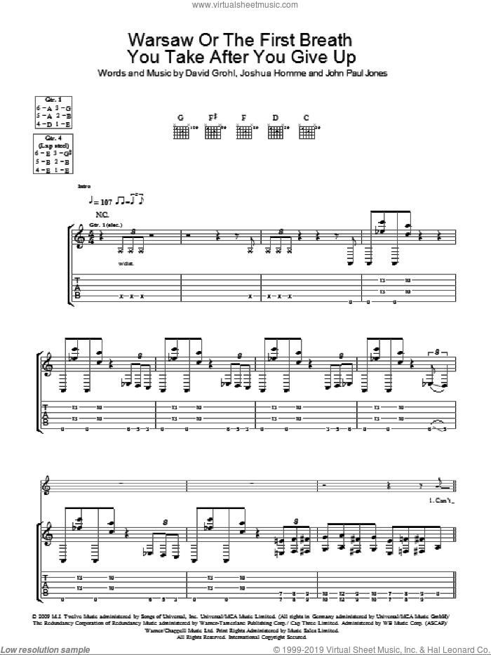 Warsaw Or The First Breath You Take After You Give Up sheet music for guitar (tablature) by Them Crooked Vultures, Dave Grohl, John Paul Jones and Josh Homme, intermediate skill level