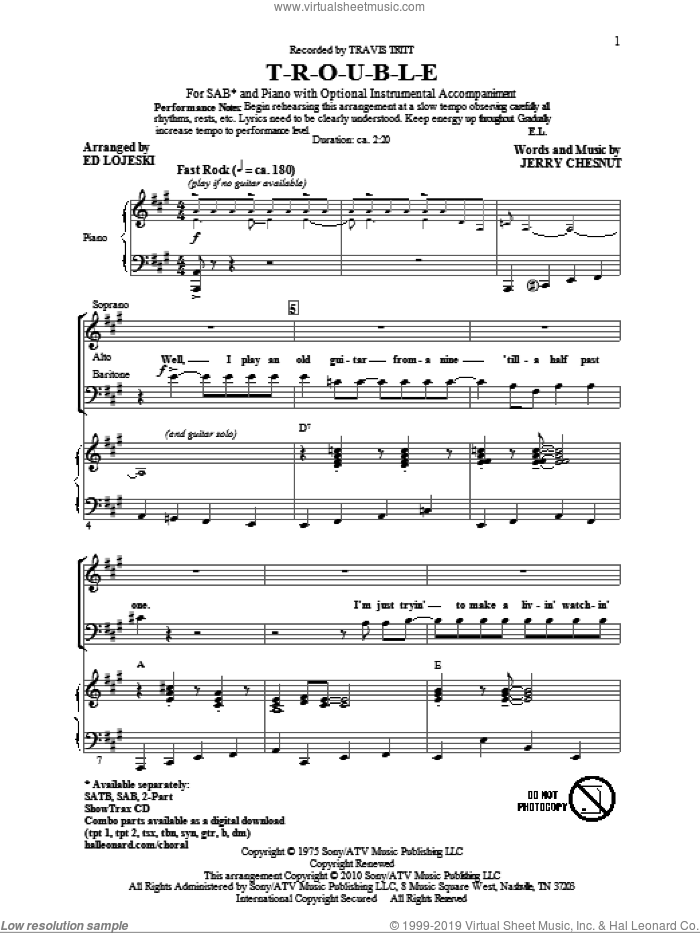 T-R-O-U-B-L-E sheet music for choir (SAB: soprano, alto, bass) by Ed Lojeski, Jerry Chesnut, Elvis Presley and Travis Tritt, intermediate skill level