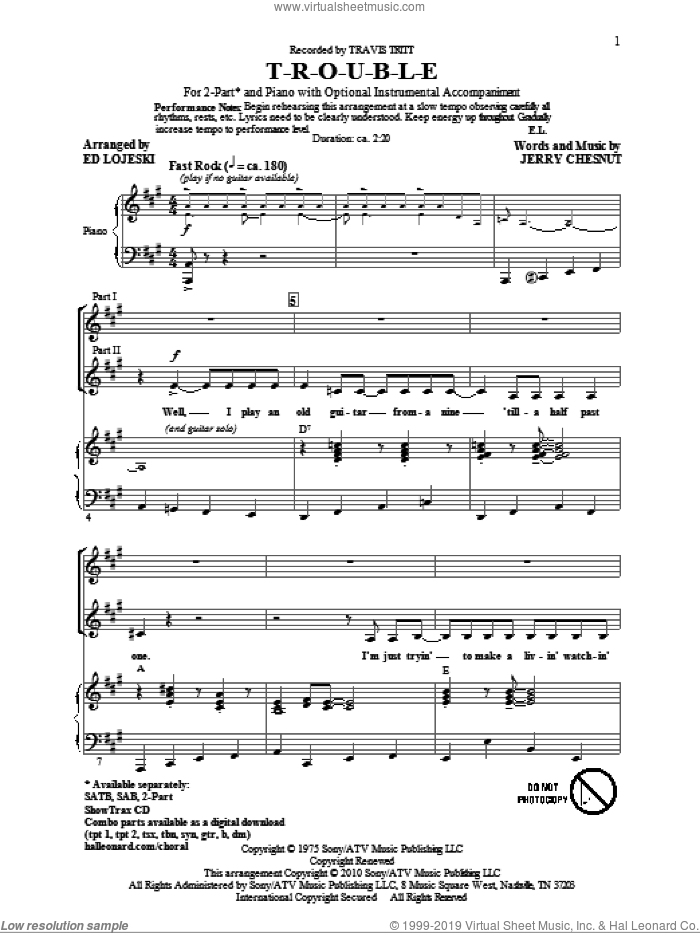 T-R-O-U-B-L-E sheet music for choir (2-Part) by Ed Lojeski, Jerry Chesnut, Elvis Presley and Travis Tritt, intermediate duet