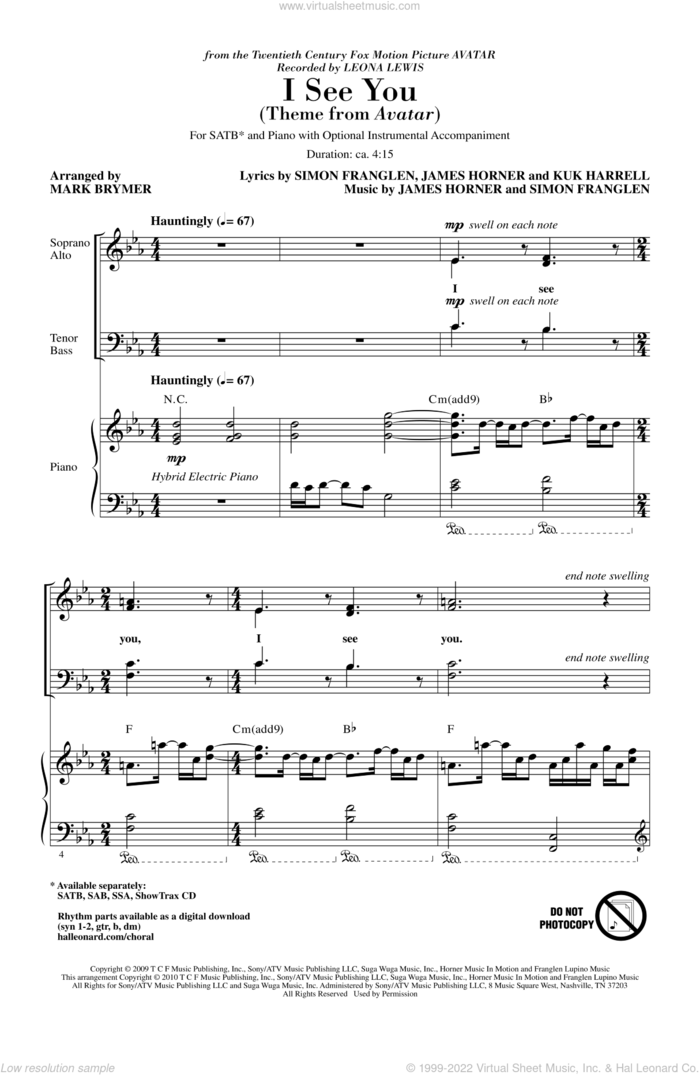 I See You (Theme from Avatar) sheet music for choir (SATB: soprano, alto, tenor, bass) by James Horner, Kuk Harrell, Simon Franglen, Leona Lewis and Mark Brymer, intermediate skill level