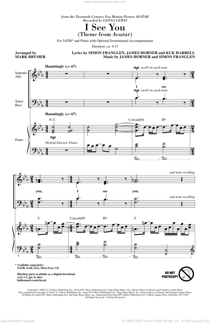 I See You (Theme from Avatar) sheet music for choir (SATB: soprano, alto, tenor, bass) by James Horner, Kuk Harrell, Simon Franglen, Leona Lewis and Mark Brymer, intermediate skill level