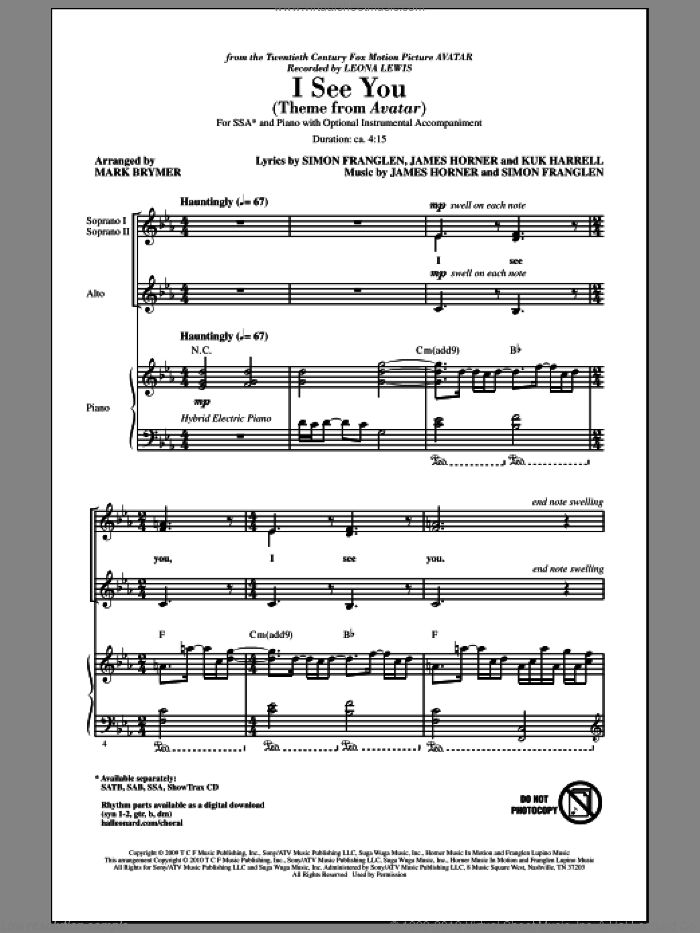 I See You (Theme from Avatar) sheet music for choir (SSA: soprano, alto) by James Horner, Kuk Harrell, Simon Franglen, Leona Lewis and Mark Brymer, intermediate skill level