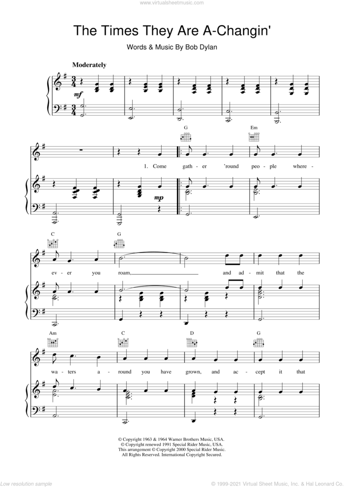 The Times They Are A-Changin' sheet music for voice, piano or guitar by Bob Dylan, intermediate skill level
