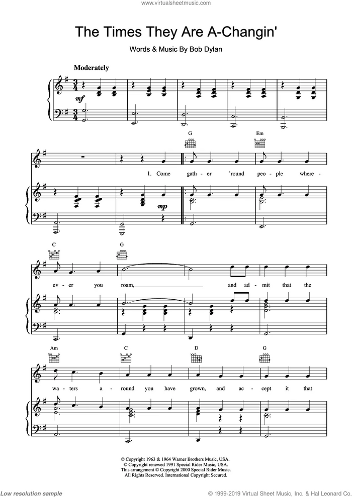 The Times They Are A-Changin' sheet music for voice, piano or guitar by Bob Dylan, intermediate skill level