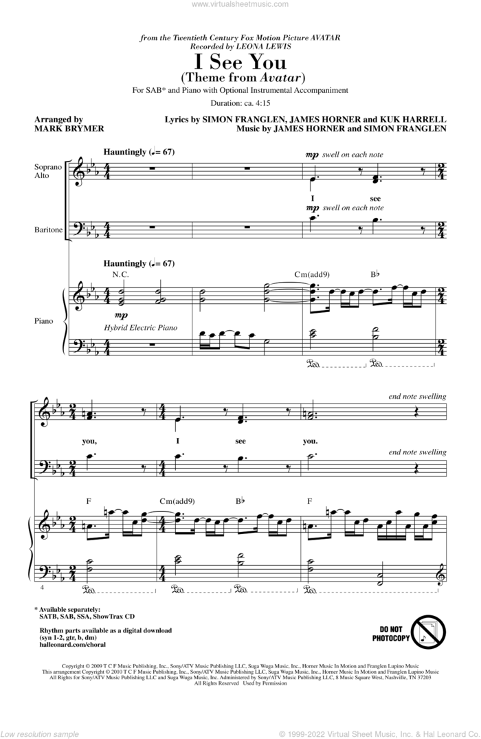 I See You (Theme from Avatar) sheet music for choir (SAB: soprano, alto, bass) by James Horner, Kuk Harrell, Simon Franglen, Leona Lewis and Mark Brymer, intermediate skill level