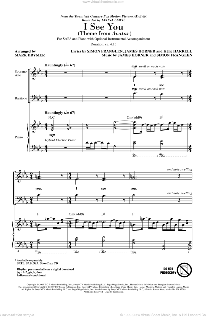 I See You (Theme from Avatar) sheet music for choir (SAB: soprano, alto, bass) by James Horner, Kuk Harrell, Simon Franglen, Leona Lewis and Mark Brymer, intermediate skill level