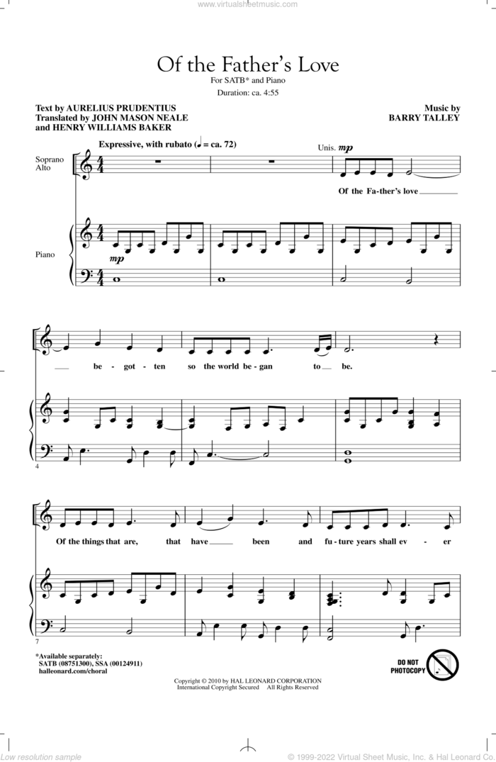 Of The Father's Love sheet music for choir (SATB: soprano, alto, tenor, bass) by Barry Talley, Aurelius Prudentius and Christina Rosetti, intermediate skill level
