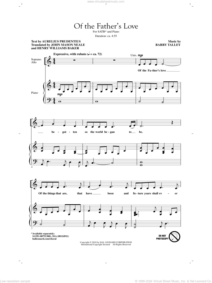 Of The Father's Love sheet music for choir (SATB: soprano, alto, tenor, bass) by Barry Talley, Aurelius Prudentius and Christina Rosetti, intermediate skill level