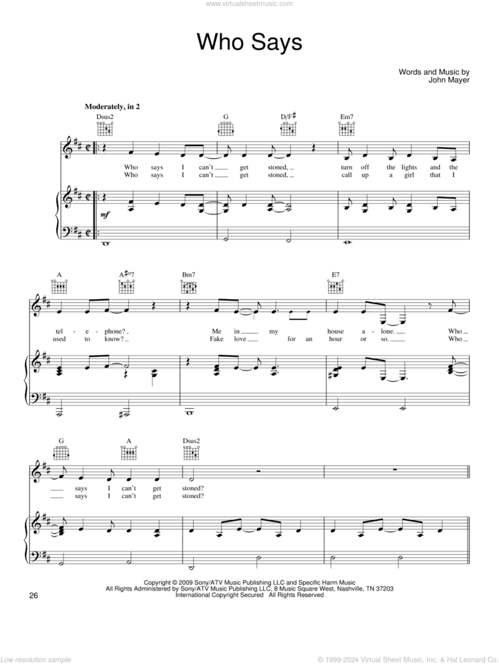 Who Says sheet music for voice, piano or guitar by John Mayer, intermediate skill level