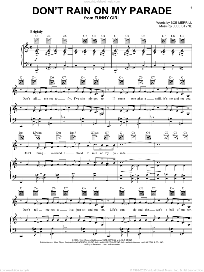 Don't Rain On My Parade sheet music for voice, piano or guitar by Barbra Streisand, Miscellaneous, Bob Merrill and Jule Styne, intermediate skill level