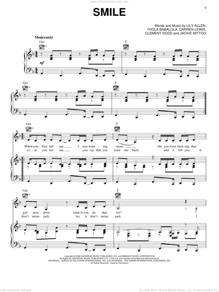 Smile sheet music for voice, piano or guitar by Lily Allen, Miscellaneous, Clement Dodd, Darren Lewis, Iyiola Bablola and Jackie Mittoo, intermediate skill level