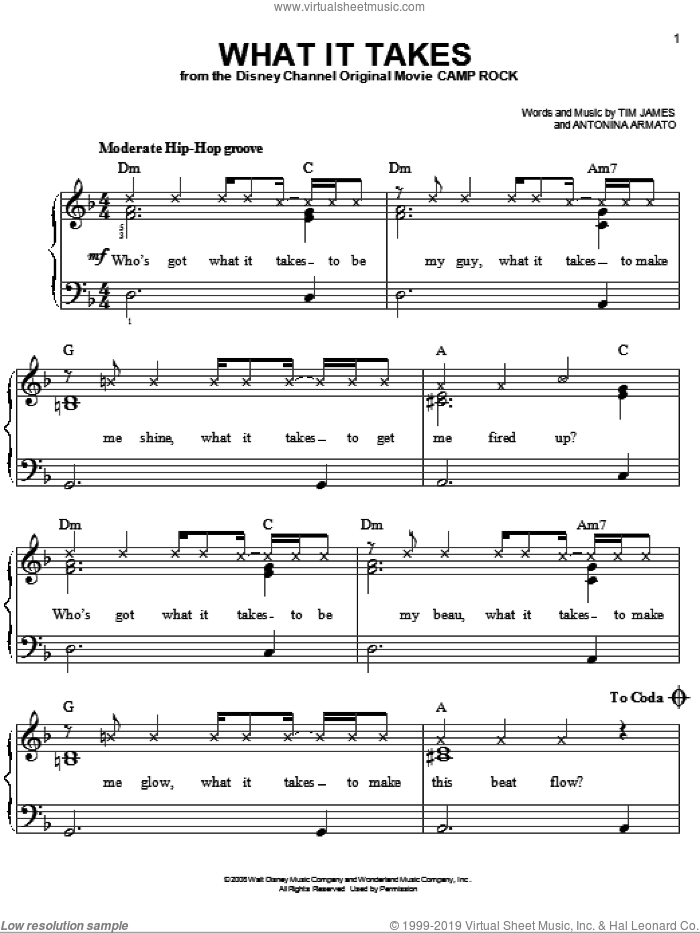 What It Takes sheet music for piano solo by Aaron Doyle, Camp Rock (Movie), Jonas Brothers, Antonina Armato and Tim James, easy skill level