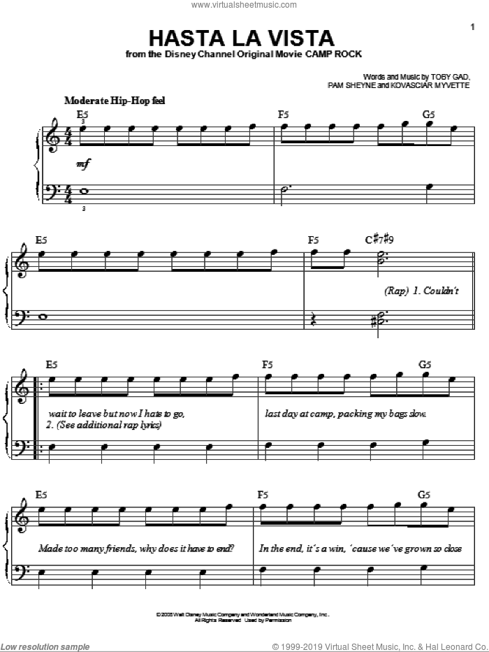 Hasta La Vista sheet music for piano solo by Jordan Francis, Camp Rock (Movie), Jonas Brothers, Kovasciar Myvette, Pam Sheyne and Toby Gad, easy skill level