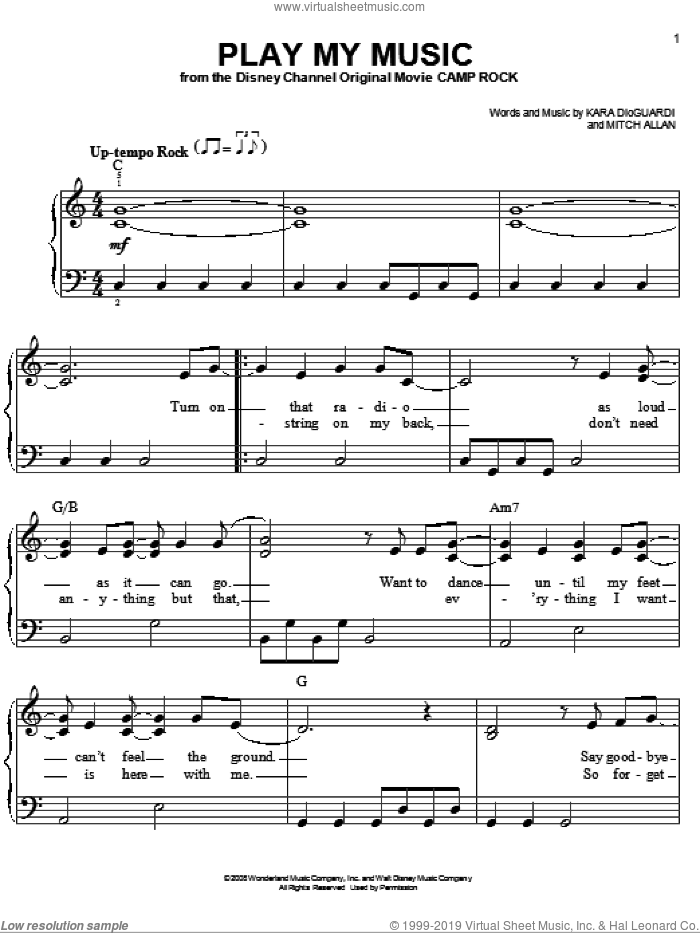 Play My Music sheet music for piano solo by Jonas Brothers, Camp Rock (Movie), Kara DioGuardi and Mitch Allan, easy skill level