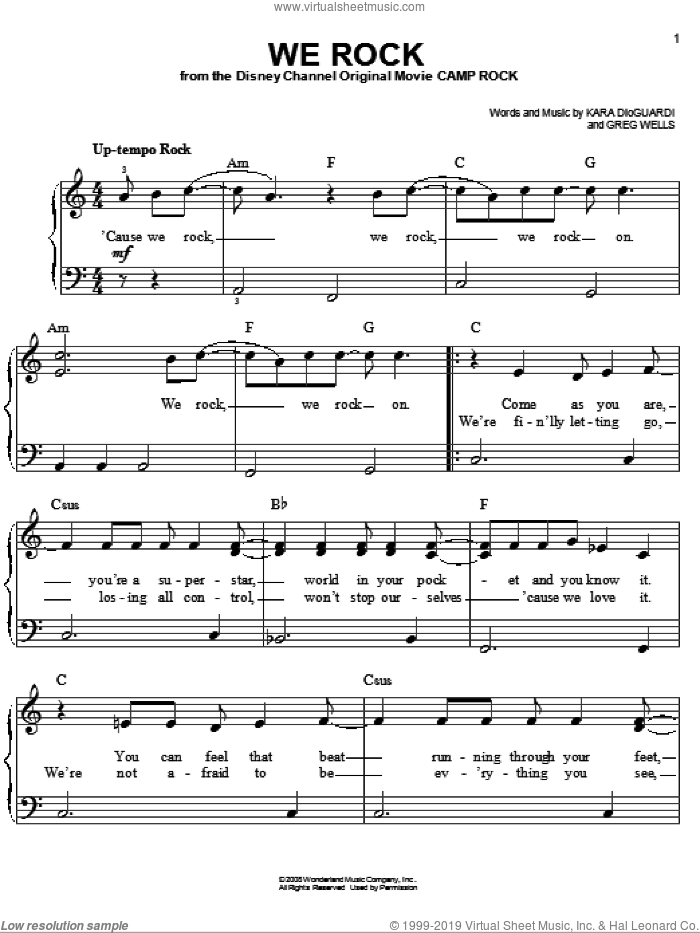 We Rock sheet music for piano solo by Camp Rock (Movie), Jonas Brothers, Greg Wells and Kara DioGuardi, easy skill level