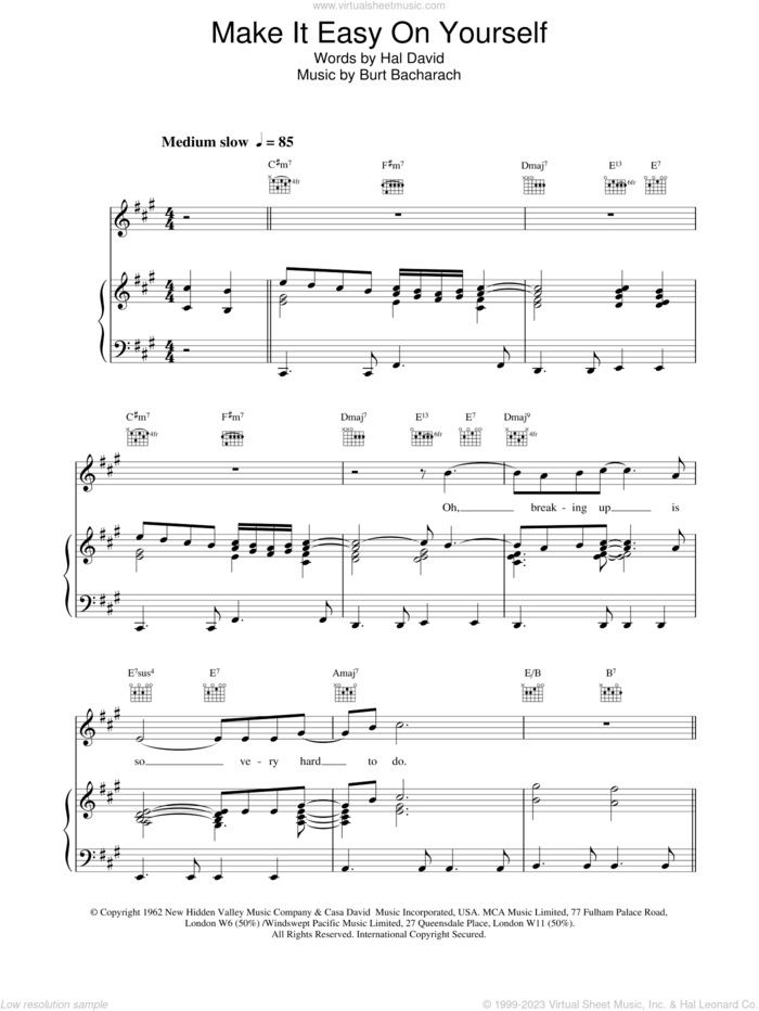 Make It Easy On Yourself sheet music for voice, piano or guitar by Bacharach & David, Burt Bacharach, BACHARACH and Hal David, intermediate skill level