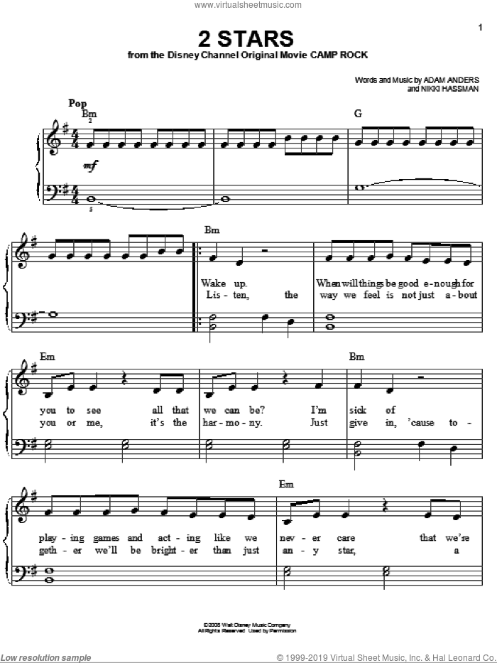 2 Stars sheet music for piano solo by Meaghan Martin, Camp Rock (Movie), Jonas Brothers, Adam Anders and Nikki Hassman, easy skill level