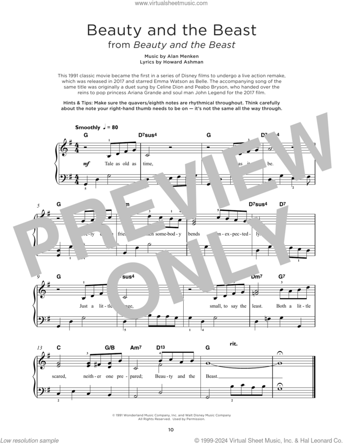 Beauty And The Beast sheet music for piano solo by Alan Menken & Howard Ashman, Alan Menken and Howard Ashman, wedding score, beginner skill level