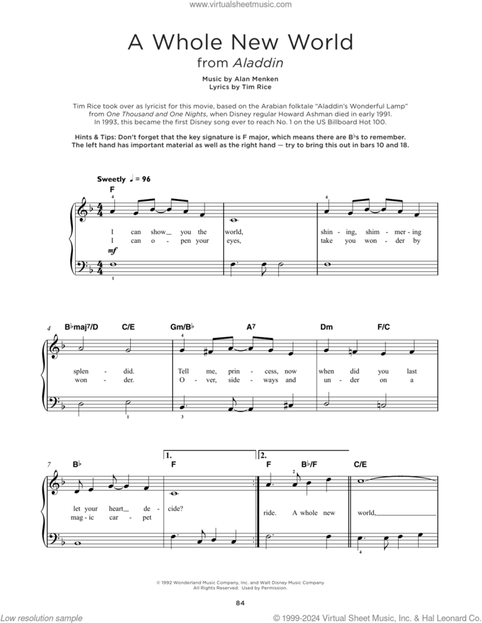 A Whole New World (from Aladdin), (beginner) sheet music for piano solo by Alan Menken & Tim Rice, Alan Menken and Tim Rice, beginner skill level
