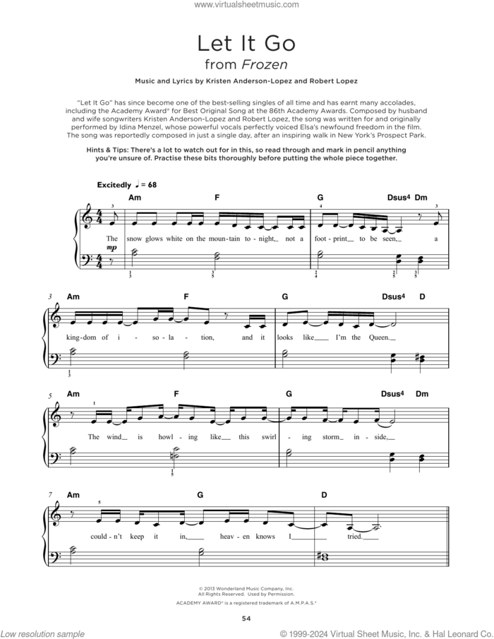 Let It Go (from Frozen), (beginner) (from Frozen) sheet music for piano solo by Idina Menzel, Kristen Anderson-Lopez and Robert Lopez, beginner skill level
