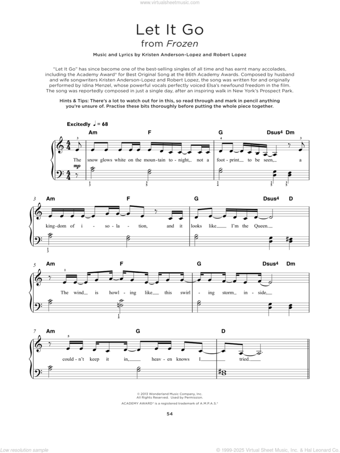 Let It Go (from Frozen) sheet music for piano solo by Idina Menzel, Kristen Anderson-Lopez and Robert Lopez, beginner skill level