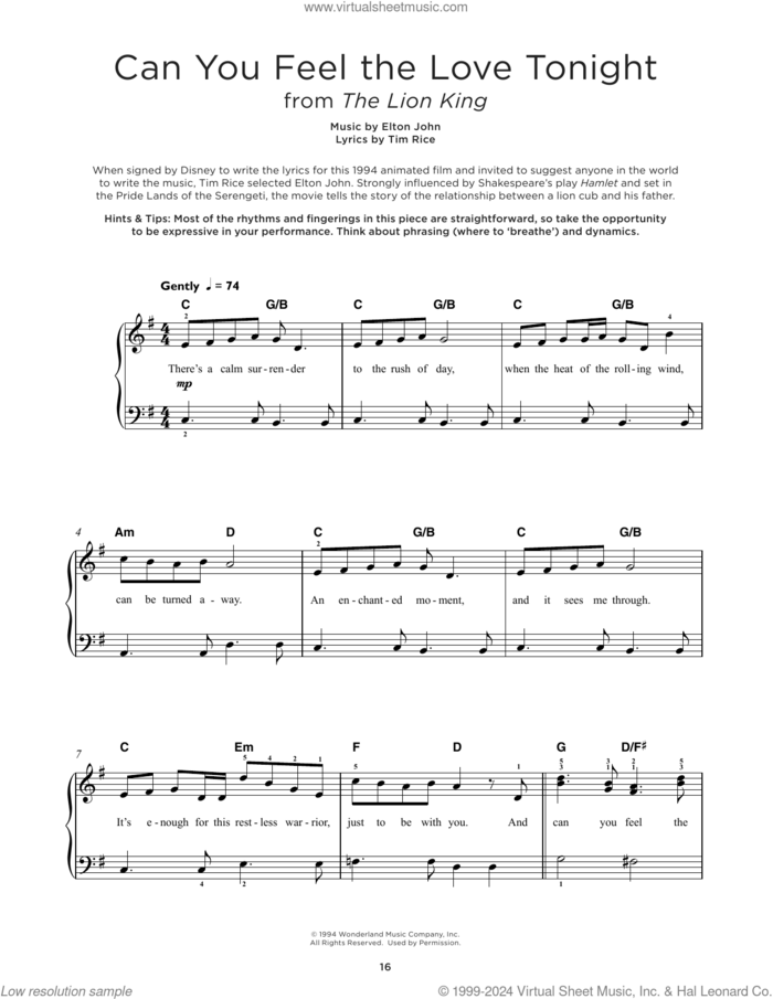 Can You Feel The Love Tonight (from The Lion King) sheet music for piano solo by Elton John and Tim Rice, beginner skill level