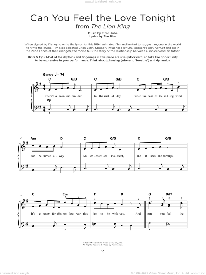 Can You Feel The Love Tonight (from The Lion King) sheet music for piano solo by Elton John and Tim Rice, beginner skill level