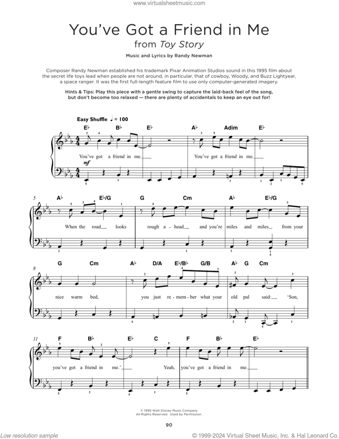 You've Got A Friend In Me (from Toy Story) sheet music for piano solo by Randy Newman, beginner skill level