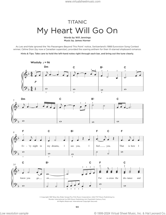 My Heart Will Go On (Love Theme From 'Titanic') sheet music for piano solo by Celine Dion, James Horner and Will Jennings, beginner skill level