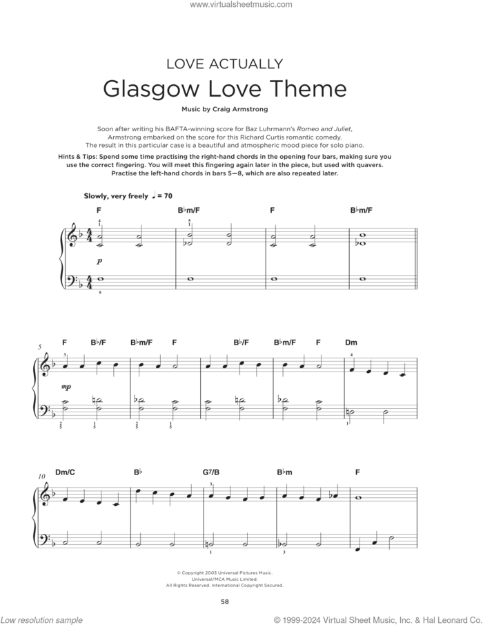 Glasgow Love Theme (from Love Actually), (beginner) sheet music for piano solo by Craig Armstrong, beginner skill level