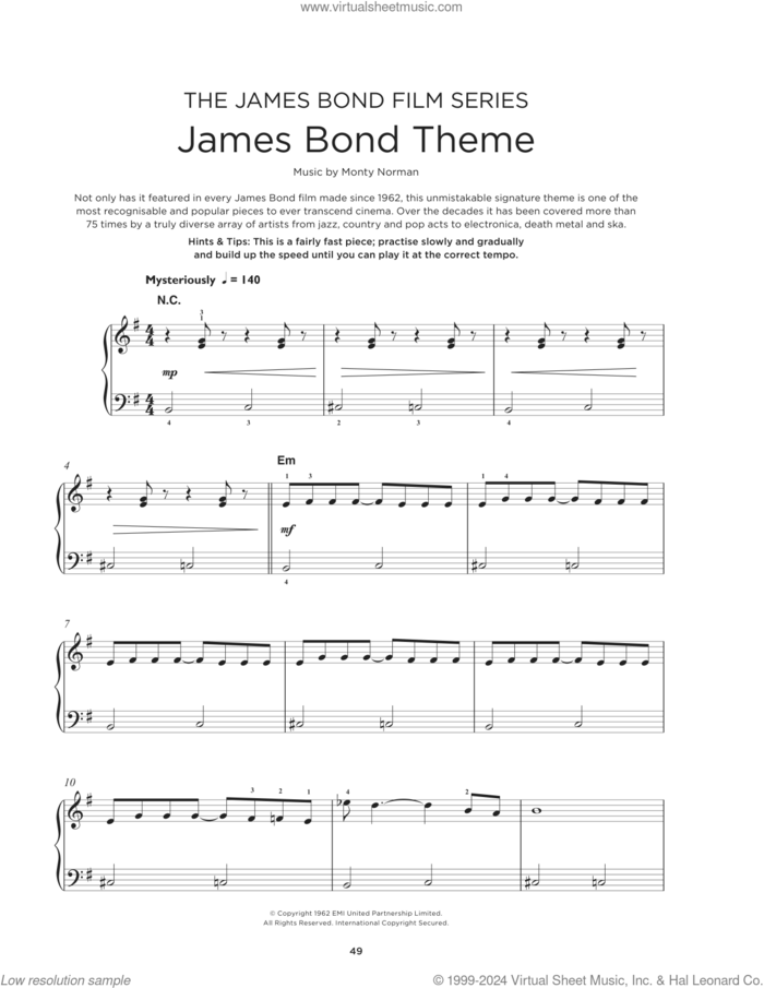 James Bond Theme sheet music for piano solo by Monty Norman, beginner skill level