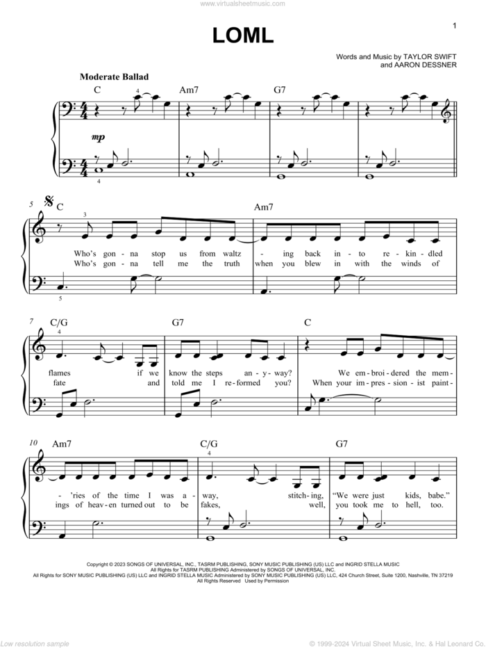 Loml sheet music for piano solo by Taylor Swift and Aaron Dessner, easy skill level