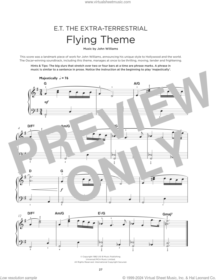 Theme From E.T. (The Extra-Terrestrial) sheet music for piano solo by John Williams, beginner skill level