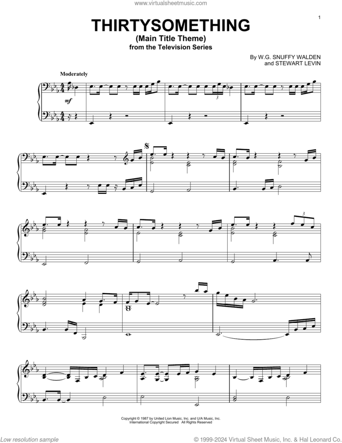 Thirtysomething (Main Title Theme) sheet music for piano solo by Stewart Levin and W.G. Snuffy Walden, intermediate skill level