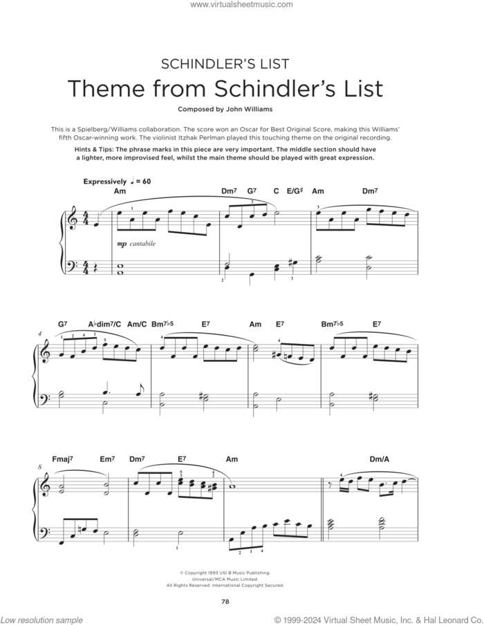 Theme From 'Schindler's List' sheet music for piano solo by John Williams, beginner skill level