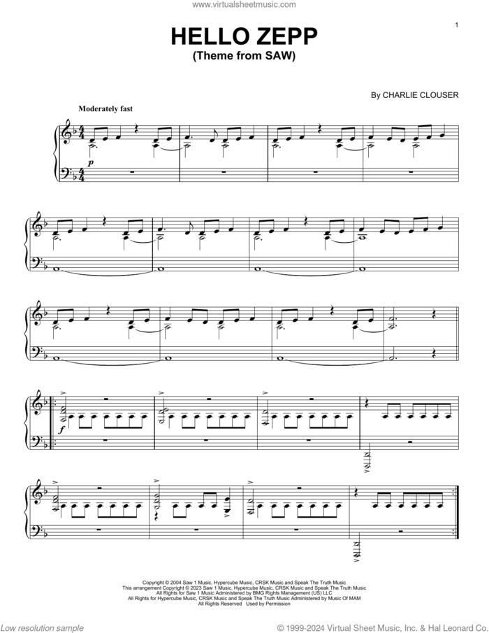 Hello Zepp (Theme From Saw) sheet music for piano solo by Charlie Clouser, intermediate skill level