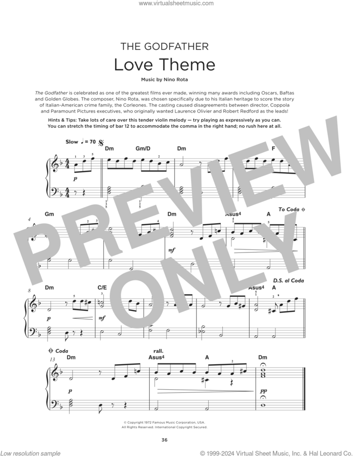 The Godfather (Love Theme), (beginner) (Love Theme) sheet music for piano solo by Nino Rota, beginner skill level