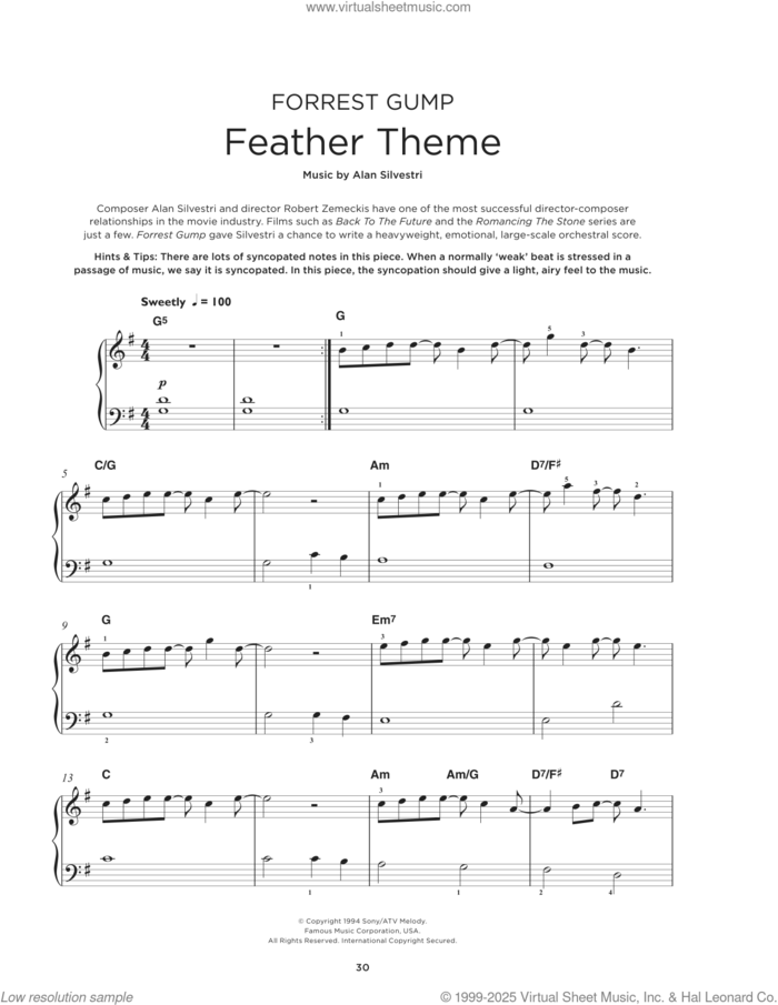 Forrest Gump - Main Title (Feather Theme) sheet music for piano solo by Alan Silvestri, beginner skill level