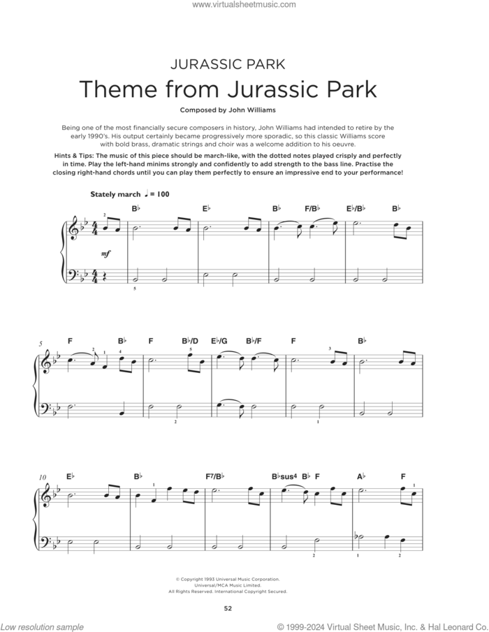 Theme From 'Jurassic Park' sheet music for piano solo by John Williams, beginner skill level