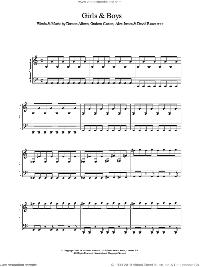 Girls And Boys sheet music for voice, piano or guitar by Blur, A.JAMES, D.ALBARN and Graham Coxon, intermediate skill level