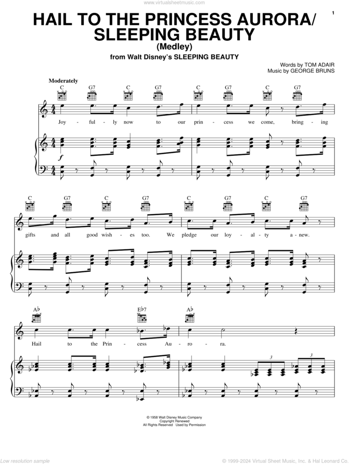 Hail To The Princess Aurora sheet music for voice, piano or guitar by Tom Adair and George Bruns, intermediate skill level