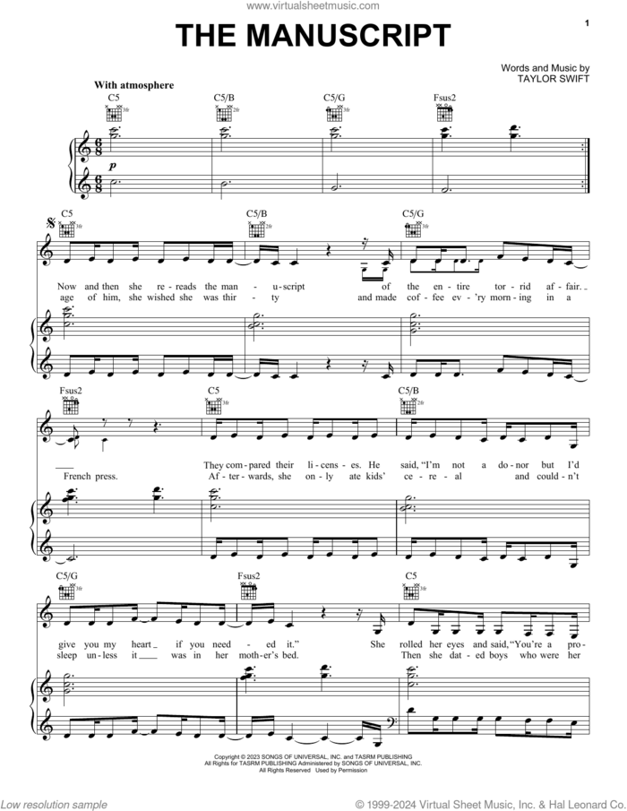The Manuscript sheet music for voice, piano or guitar by Taylor Swift, intermediate skill level