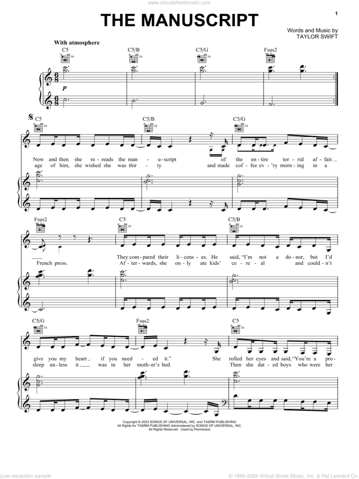 The Manuscript sheet music for voice, piano or guitar by Taylor Swift, intermediate skill level