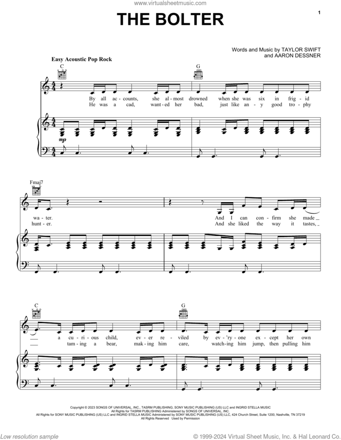 The Bolter sheet music for voice, piano or guitar by Taylor Swift and Aaron Dessner, intermediate skill level