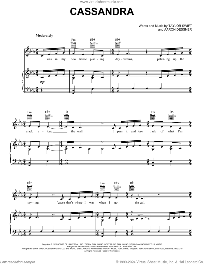 Cassandra sheet music for voice, piano or guitar by Taylor Swift and Aaron Dessner, intermediate skill level