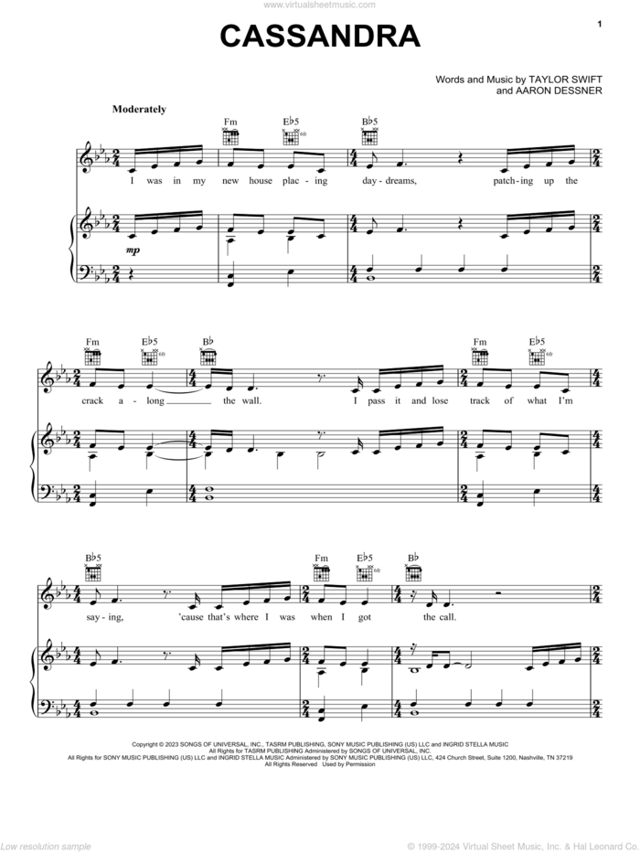 Cassandra sheet music for voice, piano or guitar by Taylor Swift and Aaron Dessner, intermediate skill level