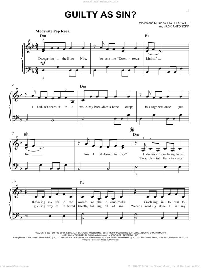 Guilty as Sin? sheet music for piano solo by Taylor Swift and Jack Antonoff, easy skill level