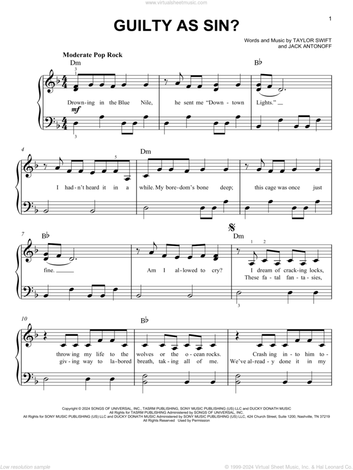 Guilty as Sin? sheet music for piano solo by Taylor Swift and Jack Antonoff, easy skill level