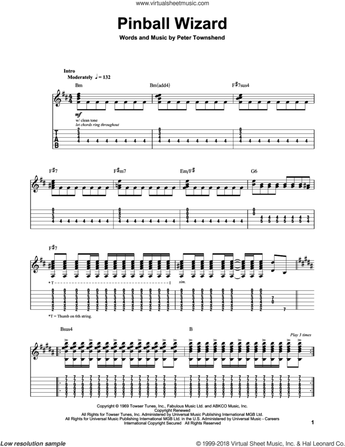 Pinball Wizard sheet music for guitar (tablature, play-along) by The Who and Pete Townshend, intermediate skill level