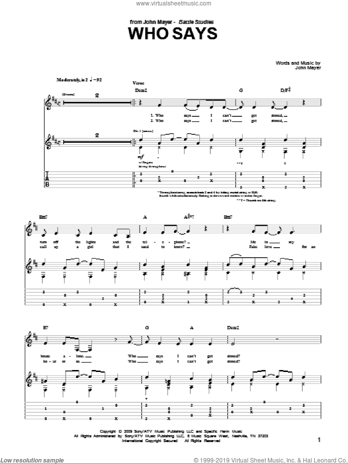 Who Says sheet music for guitar (tablature) by John Mayer, intermediate skill level